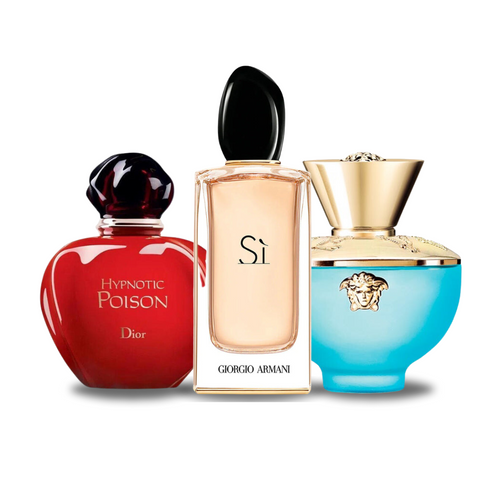 Kit de 3 Perfumes Dior HYPNOTIC POISON, Giorgio Armani SÌ y Versace DYLAN TURQUOISE 100 ml