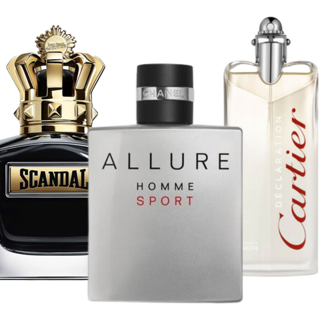 Kit de 3 perfumes Allure Homme Sport, Jean Paul Gaultier Scandal y Cartier Déclaration 100 ml