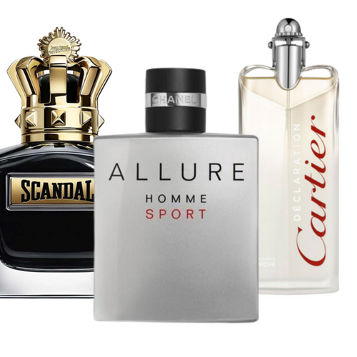 Kit de 3 perfumes Allure Homme Sport, Jean Paul Gaultier Scandal y Cartier Déclaration 100 ml